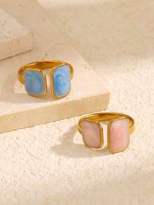 2pcs/Set Stainless Steel 18K Gold Plated Fashion Enamel Drip Oil Square Ring Set Suitable For Women Daily Wear And Party - Multicolor - View 5