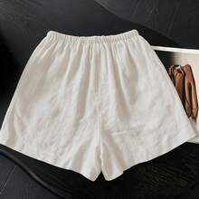 Lightweight Linen Elastic Waist Drawstring Straight Leg Casual Loose Shorts, Versatile & Slimming, Summer White - White - View 5