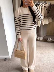 Women's Striped Round Neck Long Sleeve Knit Sweater And Wide Leg Pants Set, Casual 2 Pieces Loungewear For Autumn, Winter And Spring - Apricot Stripes - View 3