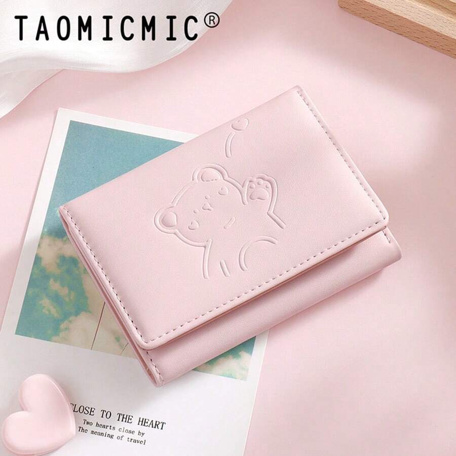 Cute Embossed Bear Trifold PU Women's Wallet, Compact Card Holder With ID Photo Window, Multiple Card Slots And Cash Pocket Portable Wallet