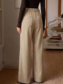 Women's Corduroy Straight Leg Pants With Pockets, Polyester Non-Stretch Long Pants, Autumn Outfit - Light Khaki - View 2