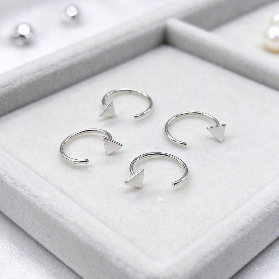 1 Pair S925 Sterling Silver Mini Triangle Open C-Shape Hoop Earrings, Niche Style Pierced Earrings, Unisex Versatile Plain Hoop Earrings - Silver - View 1