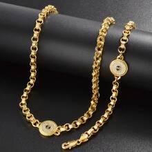 2pcs/Set Vintage 750 Italian 14K Gold Plated Copper Zirconia Textured Round/Square Pendant Necklace & Bracelet Jewelry Set, Unisex, Suitable For Daily Wear And Party - Gold 2 - View 3