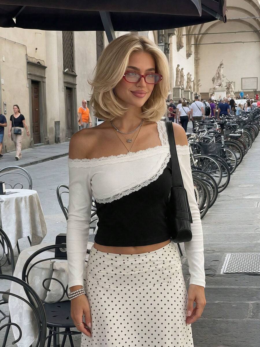 Sexy Style Faux 2-Piece Halter Neck Long Sleeve T-Shirt Women Spring Autumn Asymmetrical Shoulder Inner Layer Lace Camisole Top - Black - View 1