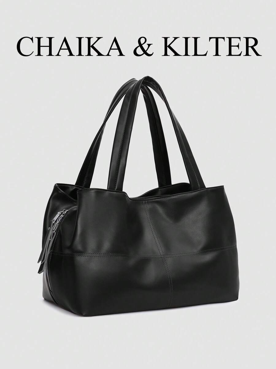 Solid Color PU Fabric Women's Casual Large Capacity One Shoulder Tote Bag, Multi-Compartment Design, Dual Handles With Zipper Closure, Suitable For Daily Shopping And Commuting - Black - View 1