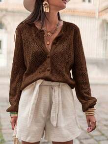 Women's Brown Knit Cardigan, Round Neck, Long Sleeve, Button Front, Hollow Ribbed Knit, Regular Length, Autumn/Winter Fashion - Coffee Brown - View 3
