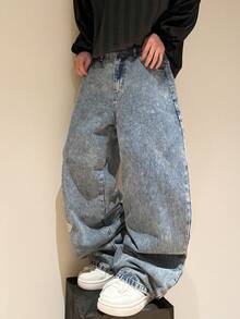 Justice Brother 1pc Korean Street Style Personalized Embroidered Men's Denim Jeans, Design Loose Wide Leg Pants, All-Season Fashion Versatile Long Trousers (Belt/Accessories Not Included) - Blue - View 5