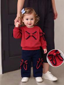 2pcs Baby Girl Sporty Casual Contrast Color 3D Big Bow Long Sleeve Sweatshirt & Pants Set, Thin Spring/Autumn - Red - View 2