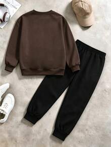 2pcs/Set Crew Neck Hoodless Sweatshirt With Printed Football, Helmet And Letter Patterns, Paired With Simple Sports Pants, New Autumn/Winter Outfit - Brown - View 3