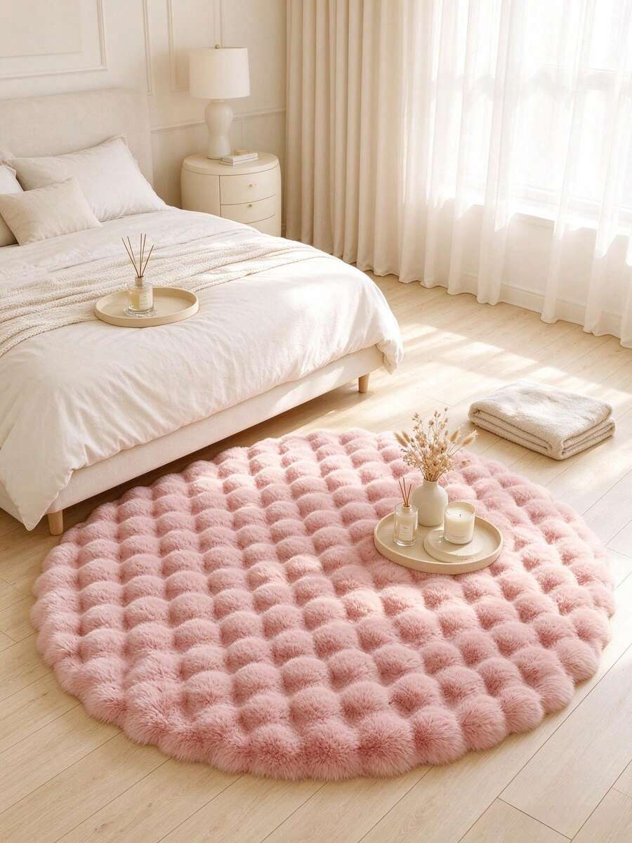 1pc Light Pink Round Fluffy Long Pile Rug, Bedroom Carpet, Living Room Rug, Doormat, Small Rug, Carpet, Floor Mat, Home Decor, Area Rug, Outdoor Mat, Home Decor, Area Carpet, Bedroom Carpet, Washable Rug - Baby Pink - View 1