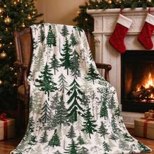 Green Pine Tree Forest Print Throw Blanket, Soft Flannel Fleece Warm Blanket, Winter Snowy Fir Tree Decorative Blanket For Sofa Couch Bed, Xmas Holiday Home Decor Gift - Multicolor - View 1