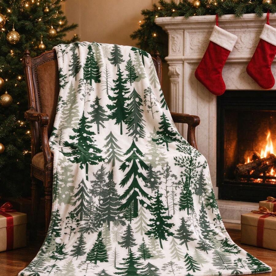 Green Pine Tree Forest Print Throw Blanket, Soft Flannel Fleece Warm Blanket, Winter Snowy Fir Tree Decorative Blanket For Sofa Couch Bed, Xmas Holiday Home Decor Gift - Multicolor - View 1