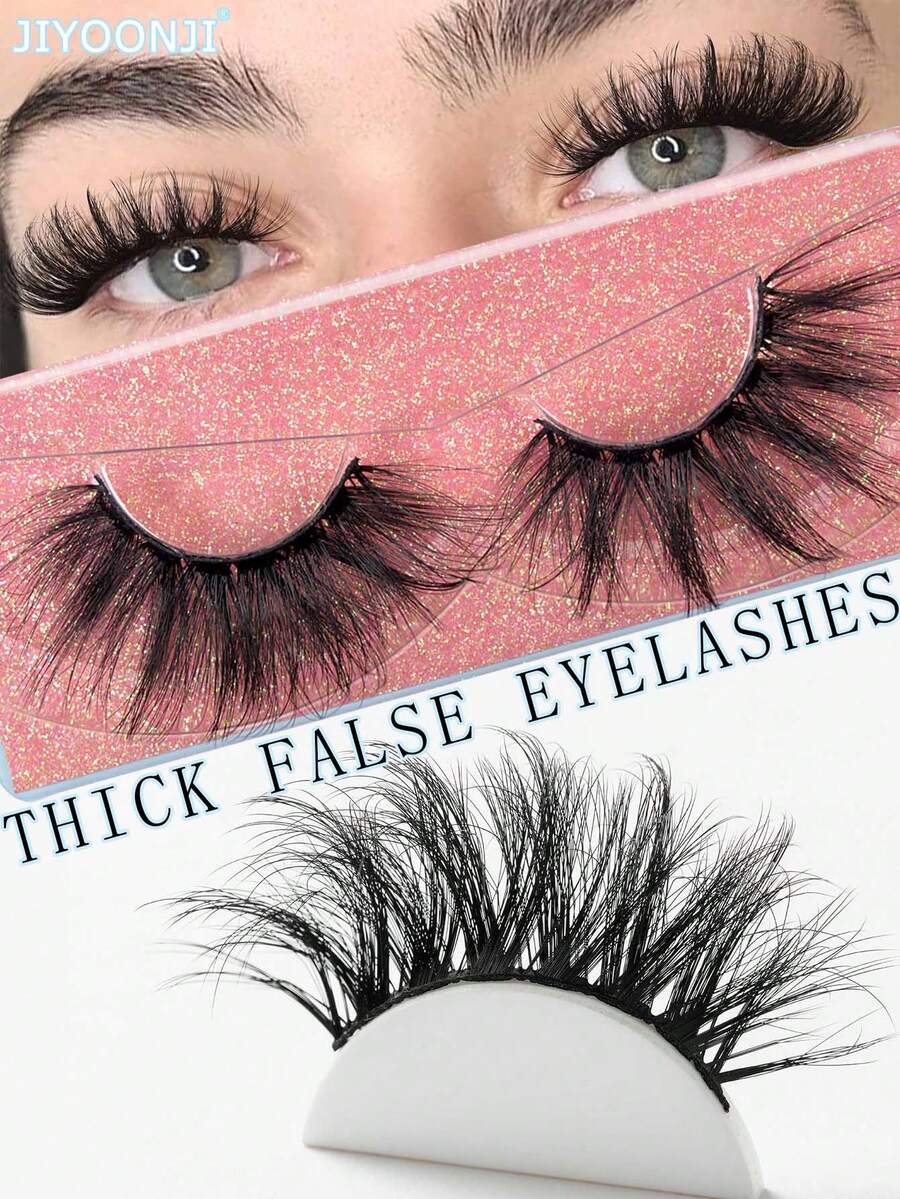 1 Pair Thick Long Criss-Cross False Eyelashes, Fluffy Soft 3D Faux Mink Lashes, Suitable For Daily And Party Makeup - Black - View 1