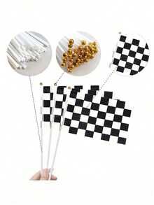 1/5/10/50/100pcs Black And White Checkered Racing Flags With 30cm Plastic Pole, Racing Theme Handheld Relay Baton, Racing Party Decoration Gift, Racing Theme Party, Car Theme Birthday Party, Home Decor, Holiday Decoration - Multicolor - View 1