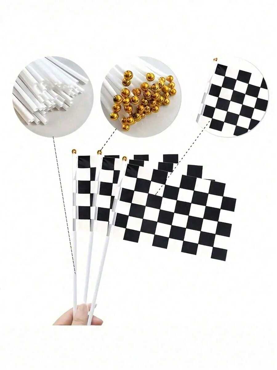 1/5/10/50/100pcs Black And White Checkered Racing Flags With 30cm Plastic Pole, Racing Theme Handheld Relay Baton, Racing Party Decoration Gift, Racing Theme Party, Car Theme Birthday Party, Home Decor, Holiday Decoration - Multicolor - View 1