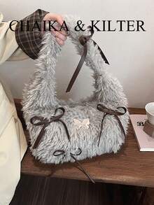 1pc Fashionable Plush Fabric Shoulder Bag, Suitable For Commuting, Shopping And More - Grey - View 11