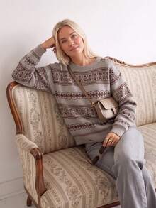 Wixra Women's Round Neck Long Sleeve Fair Isle Pattern Knit Sweater, Loose Drop Shoulder Vintage Geo Print Pullover Casual Top - Brown - View 4