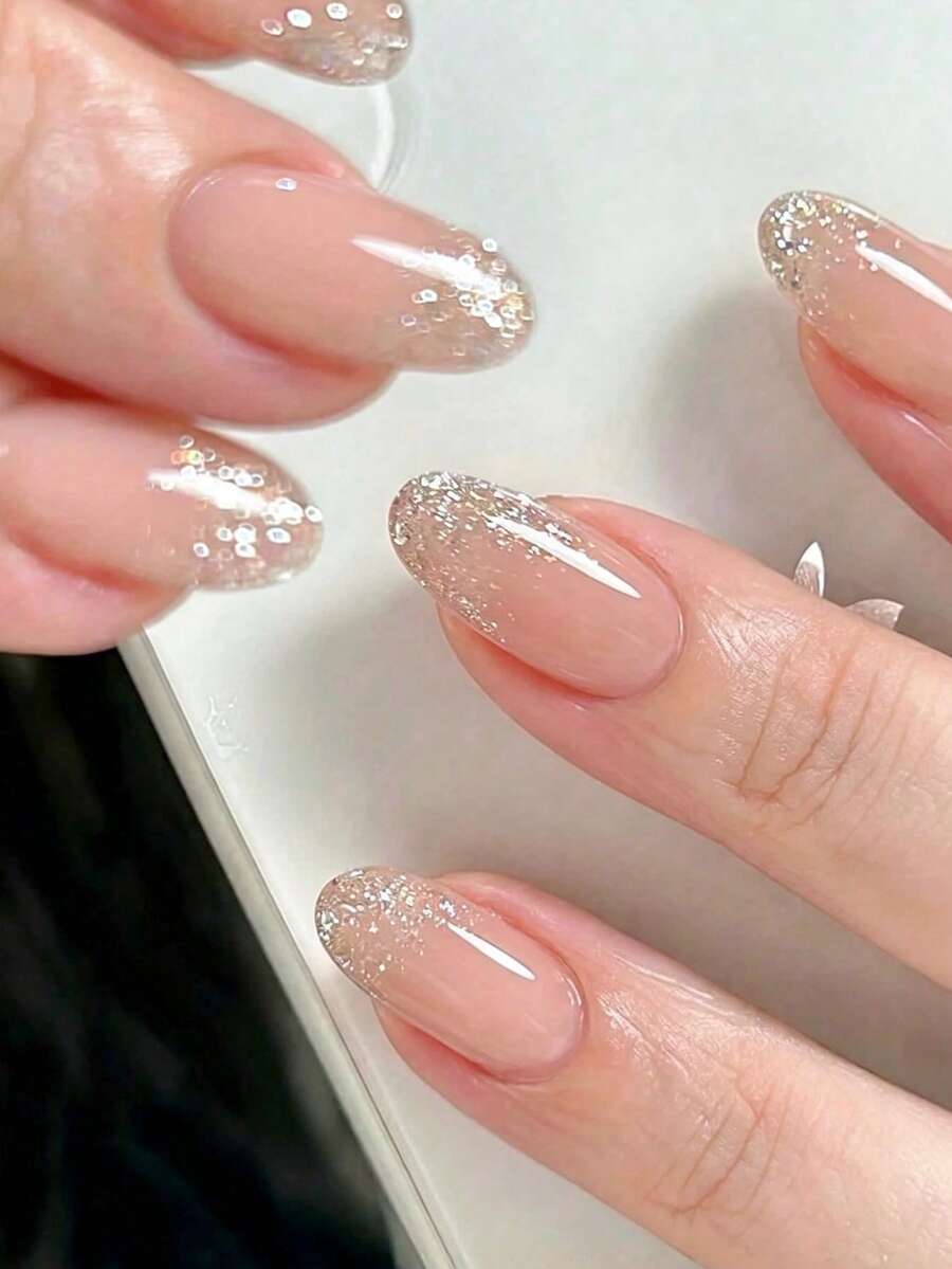 24pcs Neutral Short Oval Nail Patch Set, Acrylic Material, Nude Gold ...