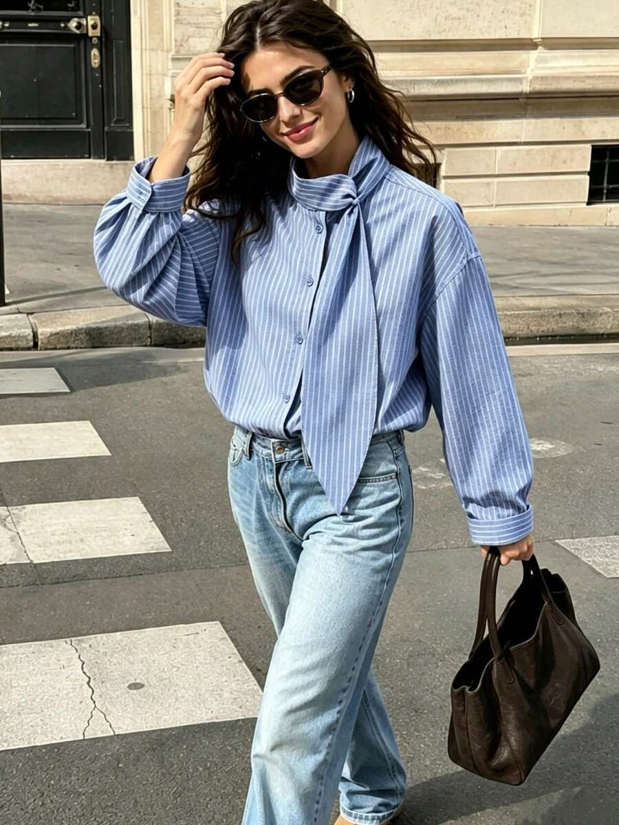 بلوزة نسائية مخططة بأزرار أمامية وربطة فيونكة للخريف/الشتاء - الأزرق - مشاهدة 1