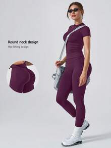 NcmRyu One Set Women's 1 Round Neck Waist-Cinched Fitted Soft Short Sleeve High Waist Comfortable Long Pants Sports Set - Purple - View 2