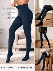 1 Pair Women's Navy Blue Matte Solid Color High Waist High Elastic Slimming Opaque Basic Tights For Daily Commute - Navy Blue - View 6