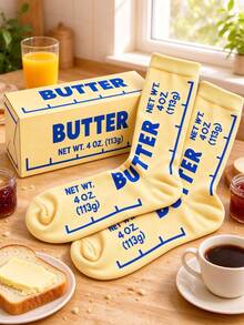 1 Pair New Cute Butter Packaging Creative Print Mid-Calf Socks, American Retro Food Fun Pattern Socks, Breathable Sweat-Absorbing Ribbed Cuff, Niche Design, Style, Student Casual Jeans Matching Socks - Yellow - View 1