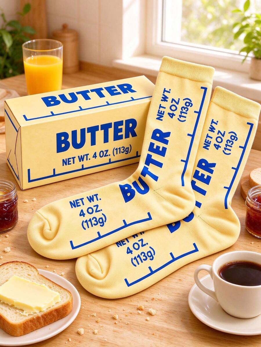 1 Pair New Cute Butter Packaging Creative Print Mid-Calf Socks, American Retro Food Fun Pattern Socks, Breathable Sweat-Absorbing Ribbed Cuff, Niche Design, Style, Student Casual Jeans Matching Socks - Yellow - View 1