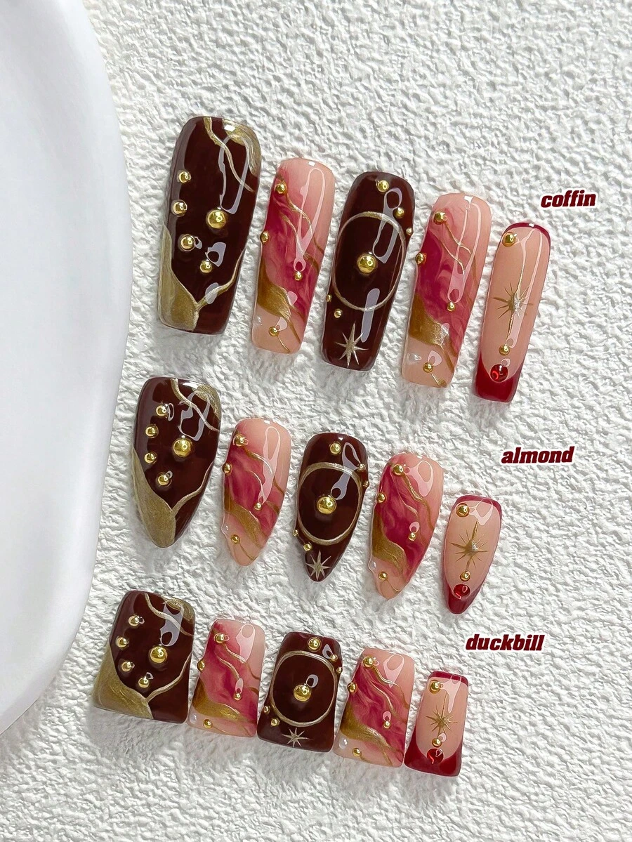 10片裝秋冬低調奢華復古風手工穿戴甲，Polygel美甲套組，鋼珠裝飾，紅色指甲，暗星光風格，3種尺寸可選，杏仁形、鴨嘴形、棺材形，適合派對、跳舞、日常配戴（手工細節可能有所不同） - 彩色 - 查看 1
