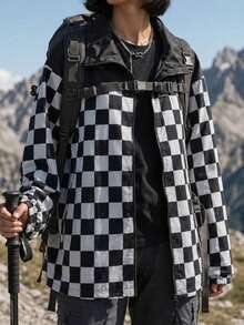 1pc Women's Outdoor Sports Style Retro Checkerboard Print Colorblock Zip-Up Jacket With Elastic Cuffs And Drawstring Hem - Black - View 2