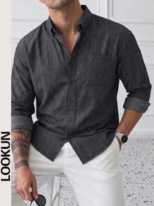Lookun Men's Long-Sleeved Shirt With Collar, Drop Shoulders, Loose Fit, Casual And Suitable For Commuting, Suitable For Spring And Autumn. - Dark Grey - View 3