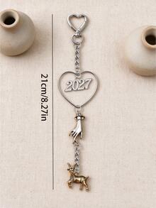 1pc Heart-Shaped Keychain With Rhinestone 2027 Number + Holding Hands Design + Zodiac Sheep Pendant Combination, Vintage Distressed Alloy Craft, Heart-Shaped Lobster Clasp Design, Suitable For Keys, Bags, Car Accessories. Sheep Year Commemorative Accessory, Exquisite Niche Atmosphere Jewelry, Suitable For Daily Wear, New Year, Birthday, Best Friend Gift, With Beautiful Meaning. - Multicolor - View 2