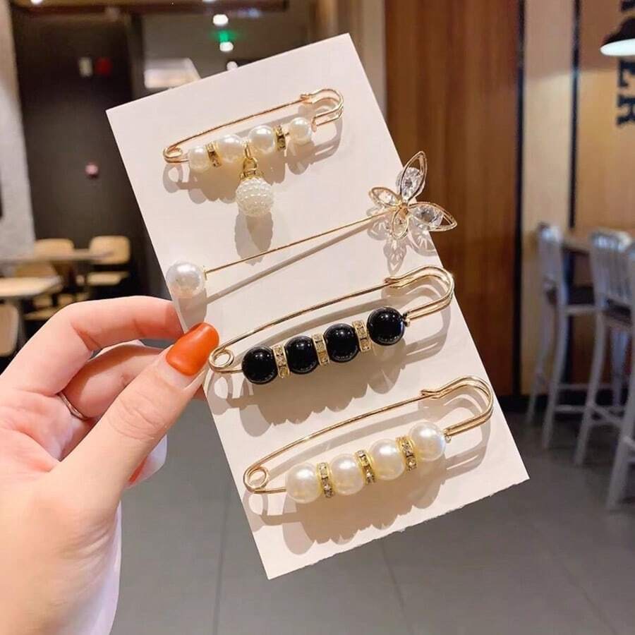 4Pcs Pearl Brooch Set For Women, Gold Tone Safety Pin Brooches With Pearl And Black Beads, Rhinestone Butterfly Vintage Coat Sweater Scarf Accessories - XZTZ - View 1