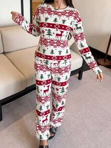 DAZY Women's New Autumn/Winter Christmas Style Deer Print Coral Fleece Pajama Set, Thickened Round Neck Cuffed Hem Loungewear 2 Pieces Set, Holiday - Multicolor - View 4
