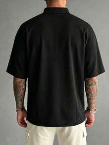 Men's Casual Fashionable Versatile Minimalist Half-Turtleneck Short Sleeve T-Shirt, Breathable Knit Fabric, Suitable For Daily Wear - Black - View 6