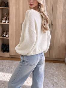 Women's Solid Color Cold Shoulder Knit Pullover, Soft Comfortable Long Sleeve Round Neck Loose Casual Sweater, Suitable For Autumn Daily Wear - White - View 3