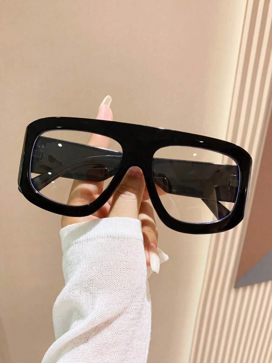 1 Pair Women's Large Frame Black Shield-Shaped Fashionable Non-Prescription Glasses, Suitable For Daily Casual Wear, Office Commuting, Phone, Computer, Gaming - Black Flat - View 1