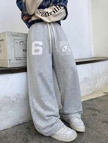 Men's Loose Fit Sports Pants, Printed Fashion Sweatpants, Straight Leg Fit, Grey Color, Streetwear Essential, Casual Versatile Long Pants - Light Grey - View 3