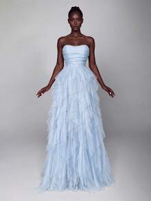 Elegant Strapless Full Skirt Evening Gown, Ruched Bodice Design With Layered Tulle Skirt, Romantic Long Formal Party Dress, Suitable For Special Occasions - Baby Blue - View 6