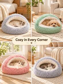 Winter Shell-Shaped Pet Bed, Suitable For Cats And Small Dogs, Semi-Enclosed Round Cat Nest, Long Faux Fur, Soft Cream Lining, Non-Slip Dotted Bottom, Comfortable Indoor Sleeping Nest, Suitable For Bedroom, Living Room And Pet Corner Daily Use - Multicolor - View 4