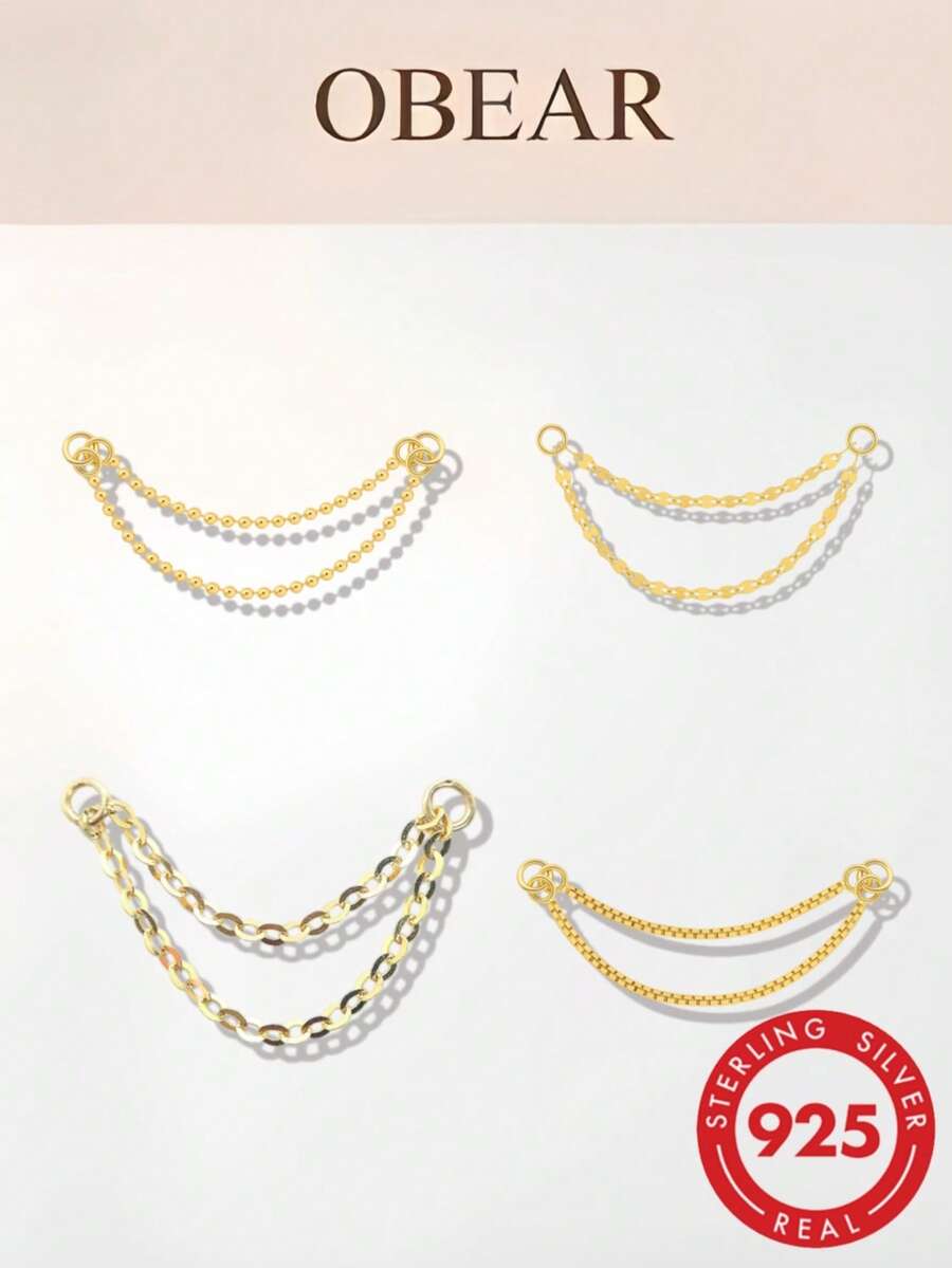 Fashionable Personalized S925 Sterling Silver Tassel Basic Lip Chain Double Layer Bead Chain Piercing Ear Hoop Accessory - Gold - View 1