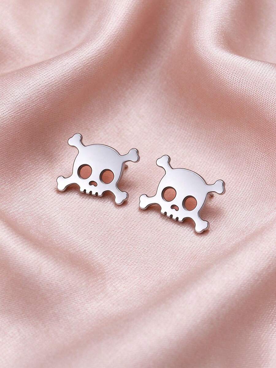 2pcs Skull Design Stud Earrings, Stainless Steel Jewelry - Silver - View 1