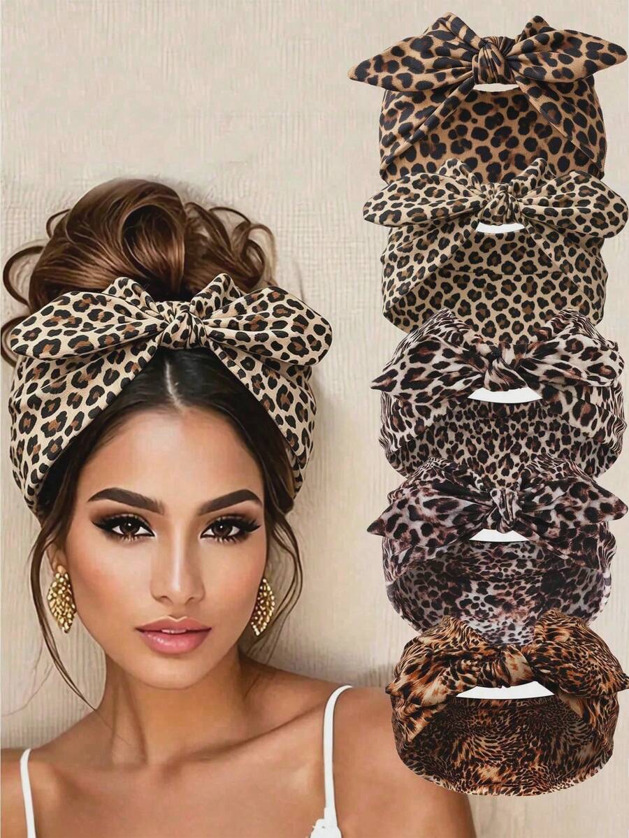 5PCS Women Large Bow Knotted Turban Headwrap, Mixed Leopard Pattern ...