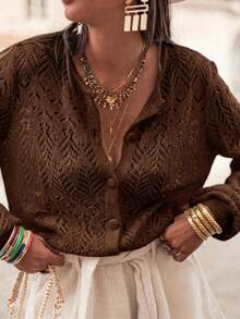 Women's Brown Knit Cardigan, Round Neck, Long Sleeve, Button Front, Hollow Ribbed Knit, Regular Length, Autumn/Winter Fashion - Coffee Brown - View 2