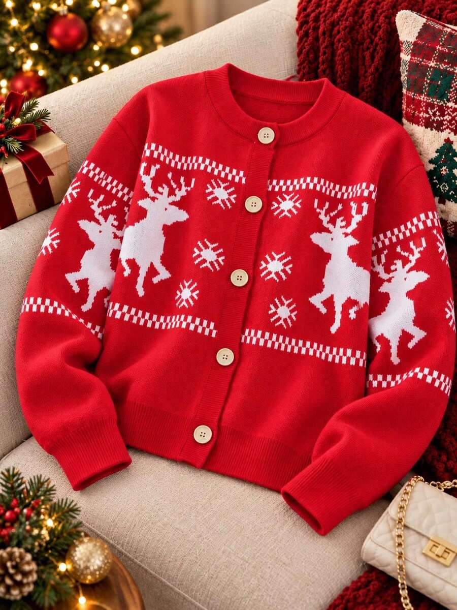 Women's Red Christmas Reindeer & Snowflake Print Cardigan Sweater, Front Button Long Sleeve Knit Top, Winter Style - Red - View 1