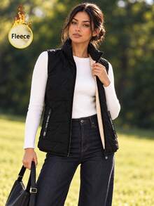 Women's Black Thermal Lined Padded Vest, Stand Collar Sleeveless Zip Jacket With Two Zipper Pockets And Quilted Detail - Black - View 3