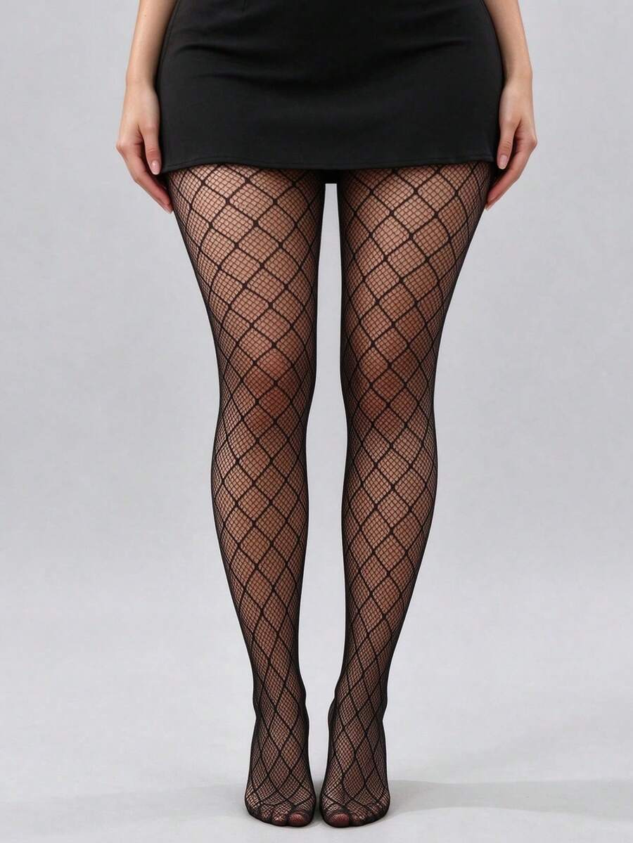1 Pair Plus Size Checkered Tights, Sexy & High-Stretch For Daily, Must-Have - Multicolor - View 1