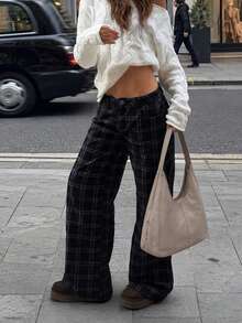 Women Fall Winter Casual Vintage Black Plaid Wide Leg Pants For Daily Going Out - Black - View 7
