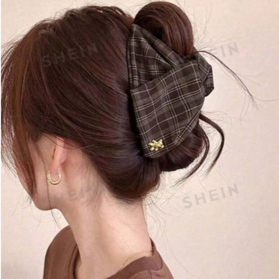 1pc Hair Accessory Brown Plaid Triangle Hair Claw Clip For Thick Hair Back Of Head Premium Hair Claw - Brown - View 1