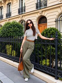 Women's High Waisted Pleated Wide Leg Pants, Olive Green Loose Fit Trousers With Pockets For Office & Casual Wear - Olive Green - View 2