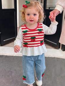Baby Girl Sweet Cherry Theme 2-Piece Set: Red & White Striped Crochet Cherry Vest With Ruffle Trim Long Sleeve 2-In-1 Top + Frayed Straight Leg Denim Jeans, With 3D Cherry Decor, Fashionable & Cute Spring/Autumn Outfit - Red - View 2